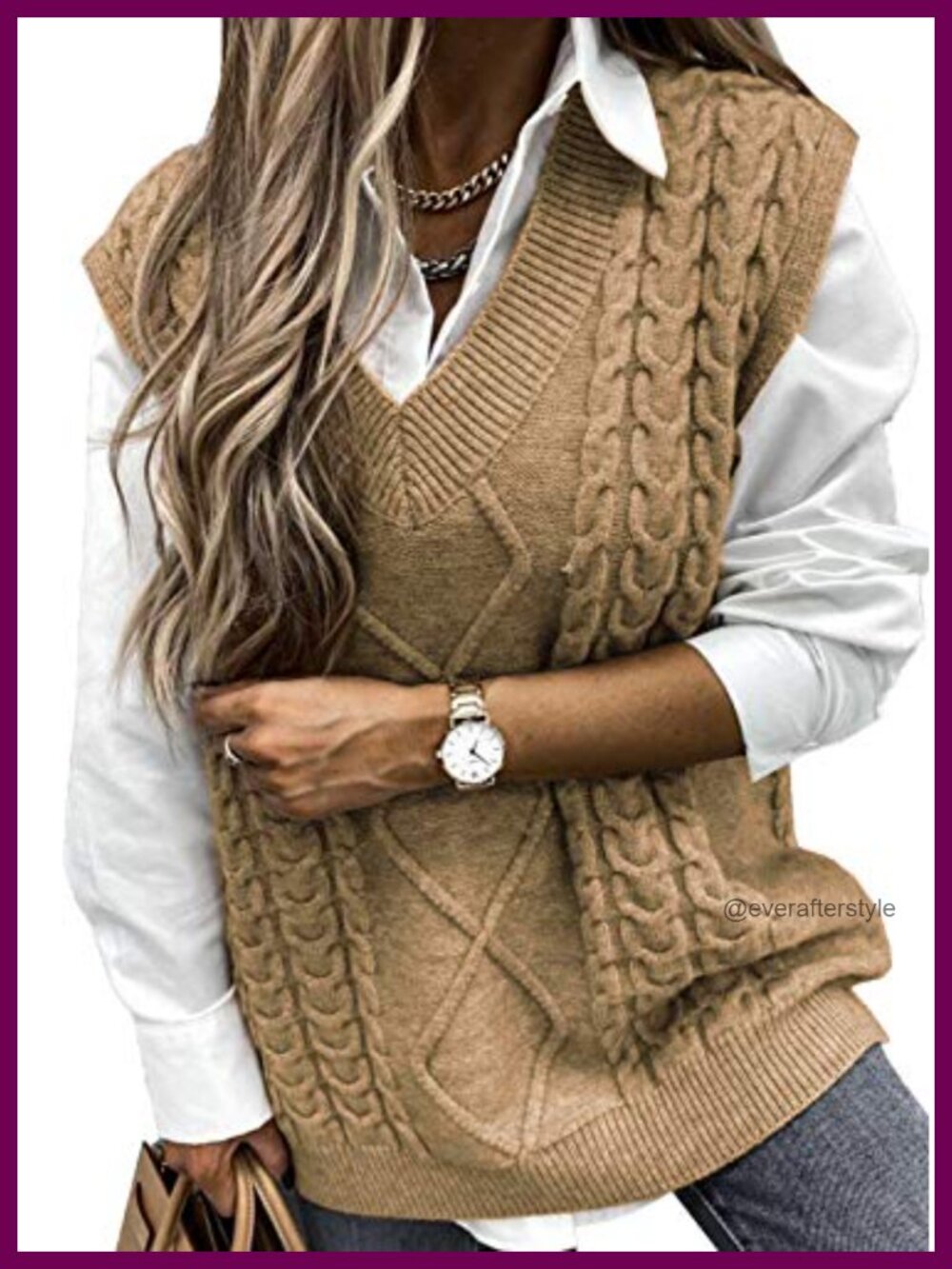 Oversized Cable Knit Sweater Vest V-Neck Sleeveless for Women